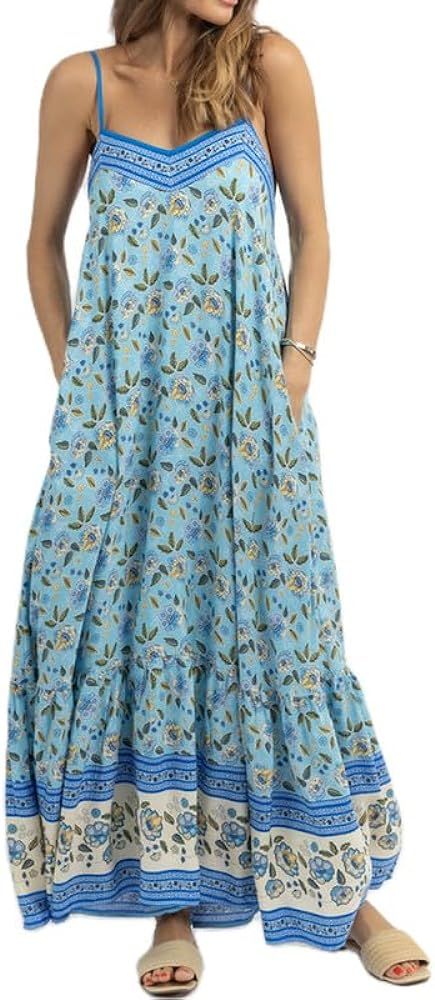 Women Floral Spaghetti Strap Maxi Dress Sleeveless Backless Print Sundresses 2024 Causal Flowy Be... | Amazon (US)