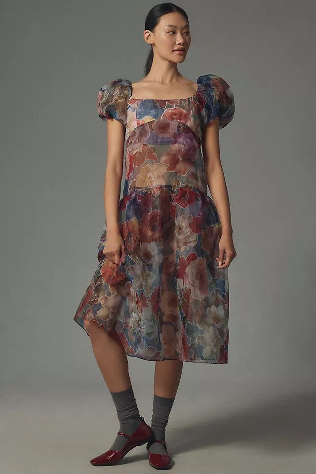 By Anthropologie Puff-Sleeve Off-The-Shoulder Drop-Waist Sheer Midi Dress | Anthropologie (US)