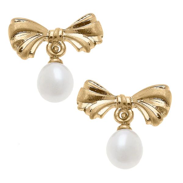 Cici Bow & Pearl Drop Earrings in Worn Gold | CANVAS