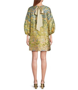 Rosanna Jacquard Metallic Colorful Brocade Pattern Crew Neck 3/4 Balloon Sleeve Mini Shift Dress | Dillard's