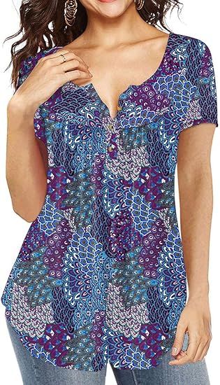 AMCLOS Womens Tie-Dye Tops V Neck Soft T-Shirts Flowy Pleats Tunic Button up Casual Blouses Summe... | Amazon (US)