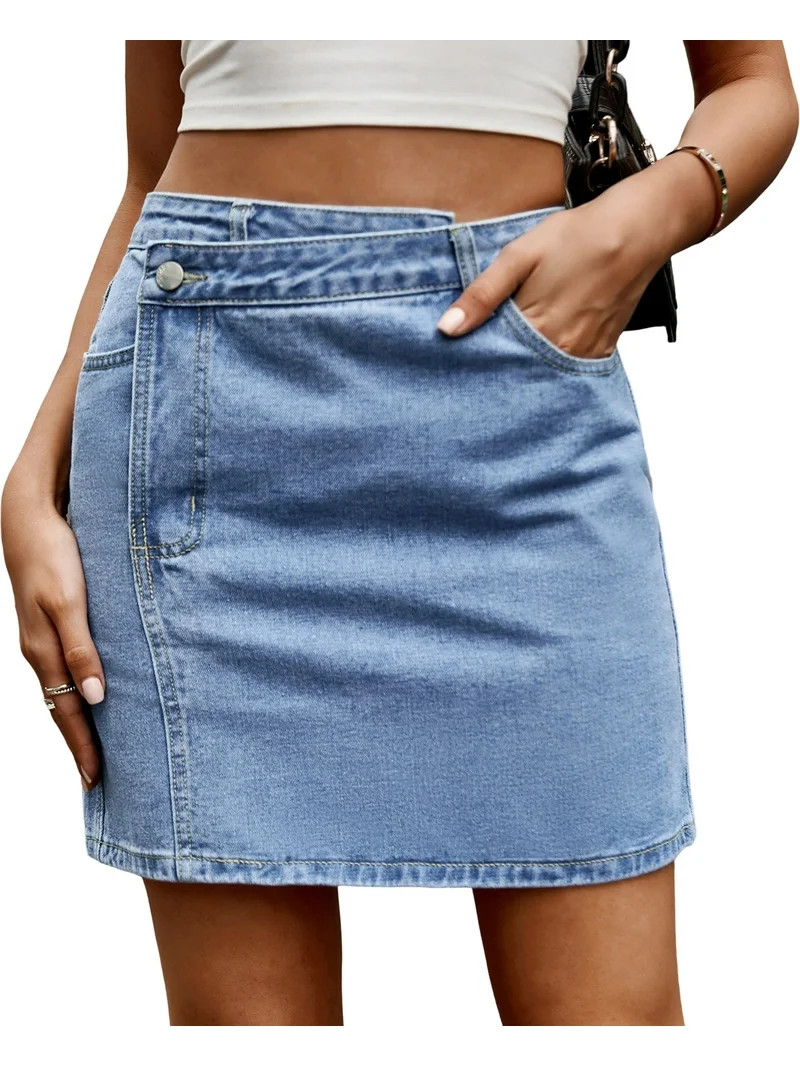 Women's Denim Jean Skirt High Waisted Button Front Mini Skirt with Pockets Irregular Waist Design... | Walmart (US)