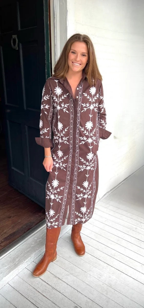 Elizabeth Embroidered Maxi Dress Brown/White | Madison Mathews