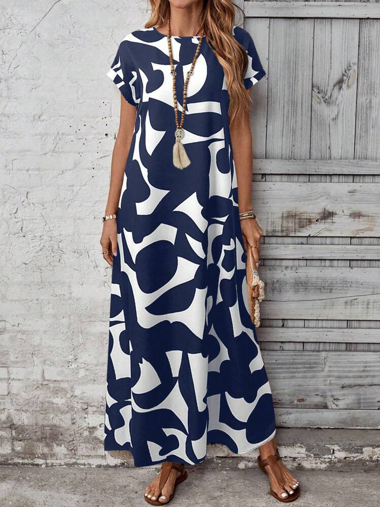 EMERY ROSE Women's Casual Dress With All-Over Print, Suitable For Vacation Navy Blue Maxi Dress Abstract Print Maxi Dress | SHEIN