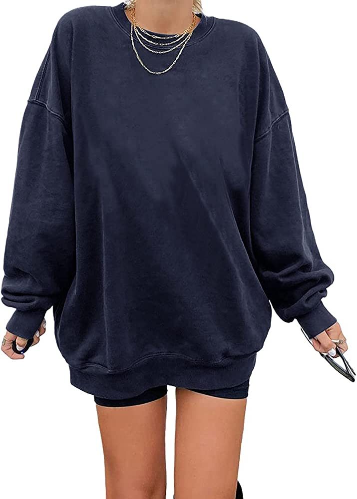 Women's Oversized Long Sleeve Sweatshirts Pure Color Round Neck Casual Pullover Shirt | Amazon (US)