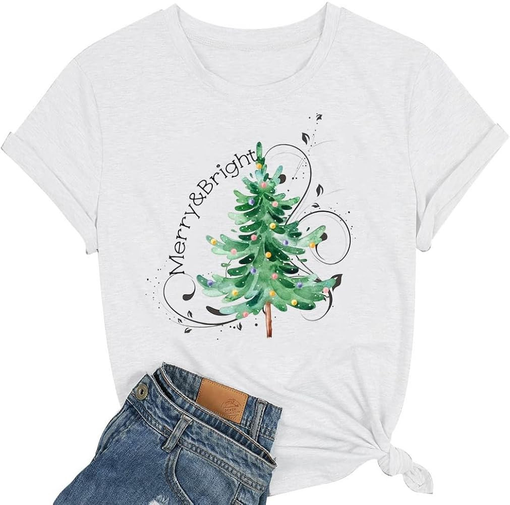 Christmas Shirts for Women Xmas Tree Graphic T Shirts Winter Merry Bright Letter Holiday Tops Tee | Amazon (US)