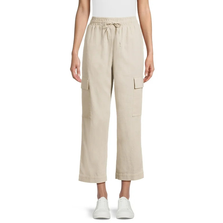 Time and Tru Women's High Rise Pull on with Drawstring Straight Leg Cargo Linen Pants, Size XS-XX... | Walmart (US)