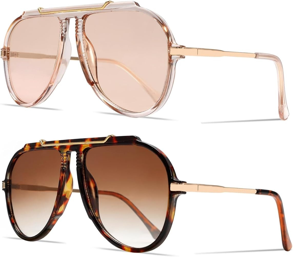 GUVIVI Oversized Aviator Sunglasses for Women 70s Retro Gold TopBar Glasses | Amazon (US)