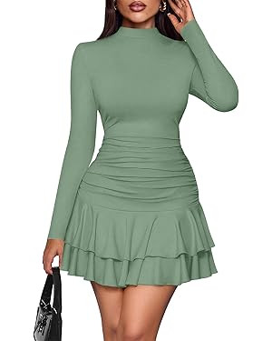 PRETTYGARDEN Womens Spring Long Sleeve Dresses 2026 Mock Neck Ruched Y2K Clothes Ruffle Layered B... | Amazon (US)