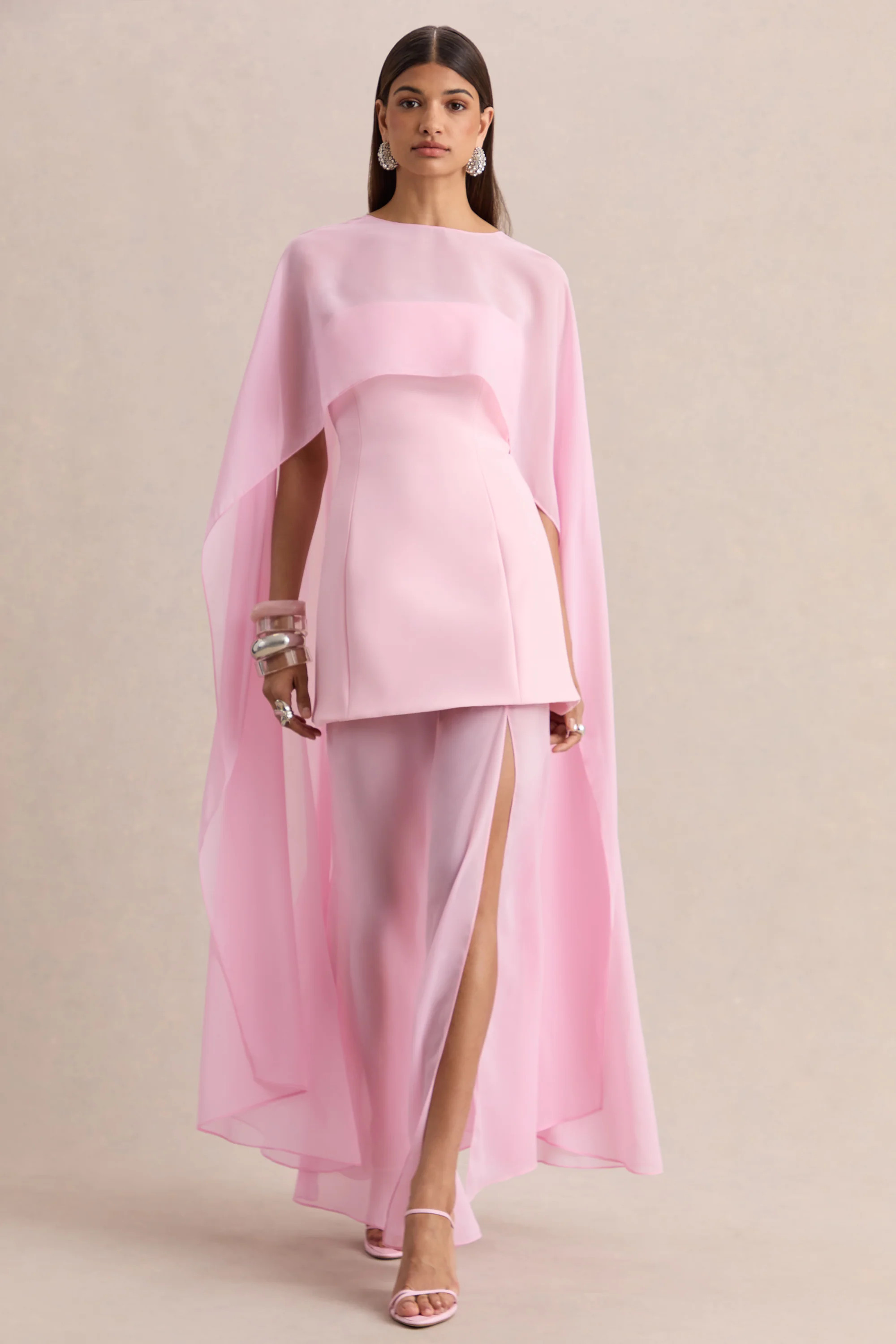Chessa | Light Pink Boat-Neck Maxi Dress With Sheer Cape | Club L London