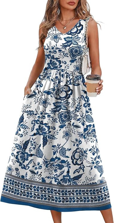 OFEEFAN Summer Dresses for Women 2026 Flowy Casual Midi Dress V Neck Beach Vacation Sundresses wi... | Amazon (US)