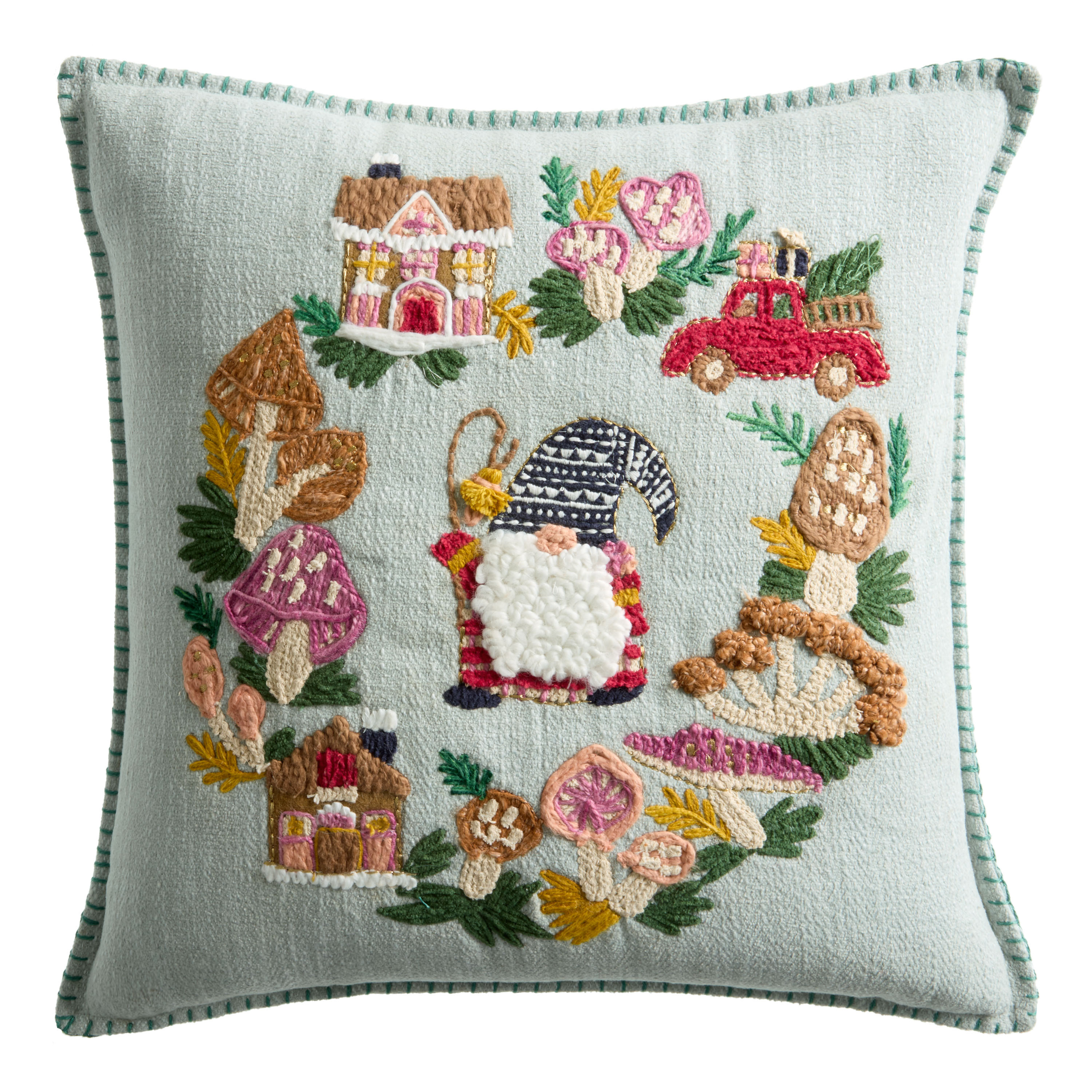 Blue Embroidered Gnome Mushroom Wreath Throw Pillow | World Market
