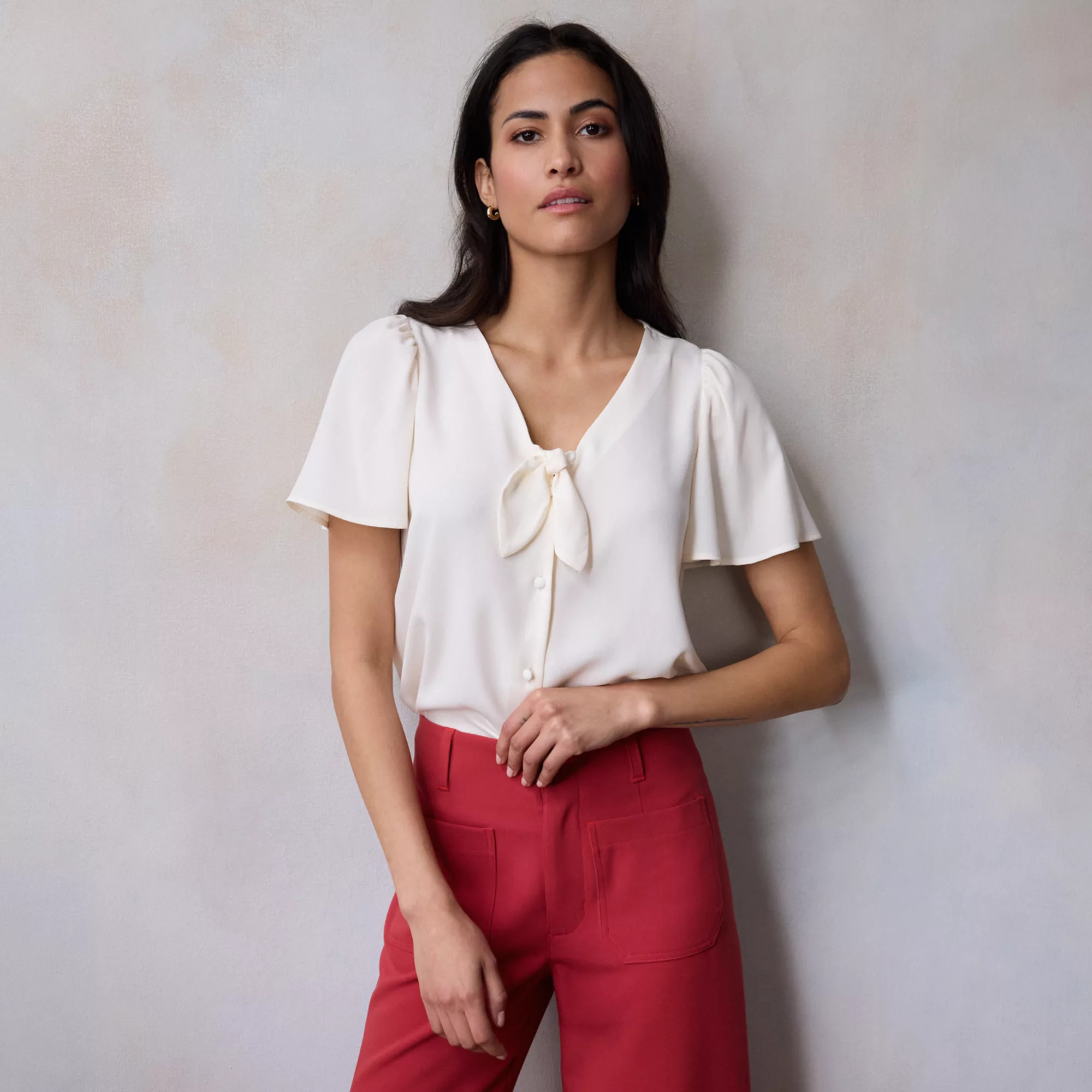 Women's LC Lauren Conrad Tie Front Flutter Sleeve Woven Top | Kohl's