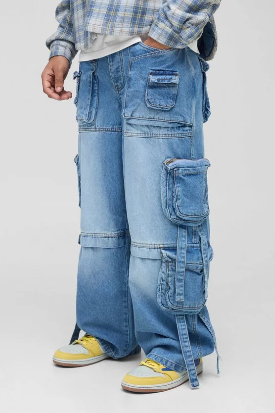 Baggy Rigid Mulit Pocket Cargo Strap Denim Jean In Light Blue | boohooMAN (US & Canada)