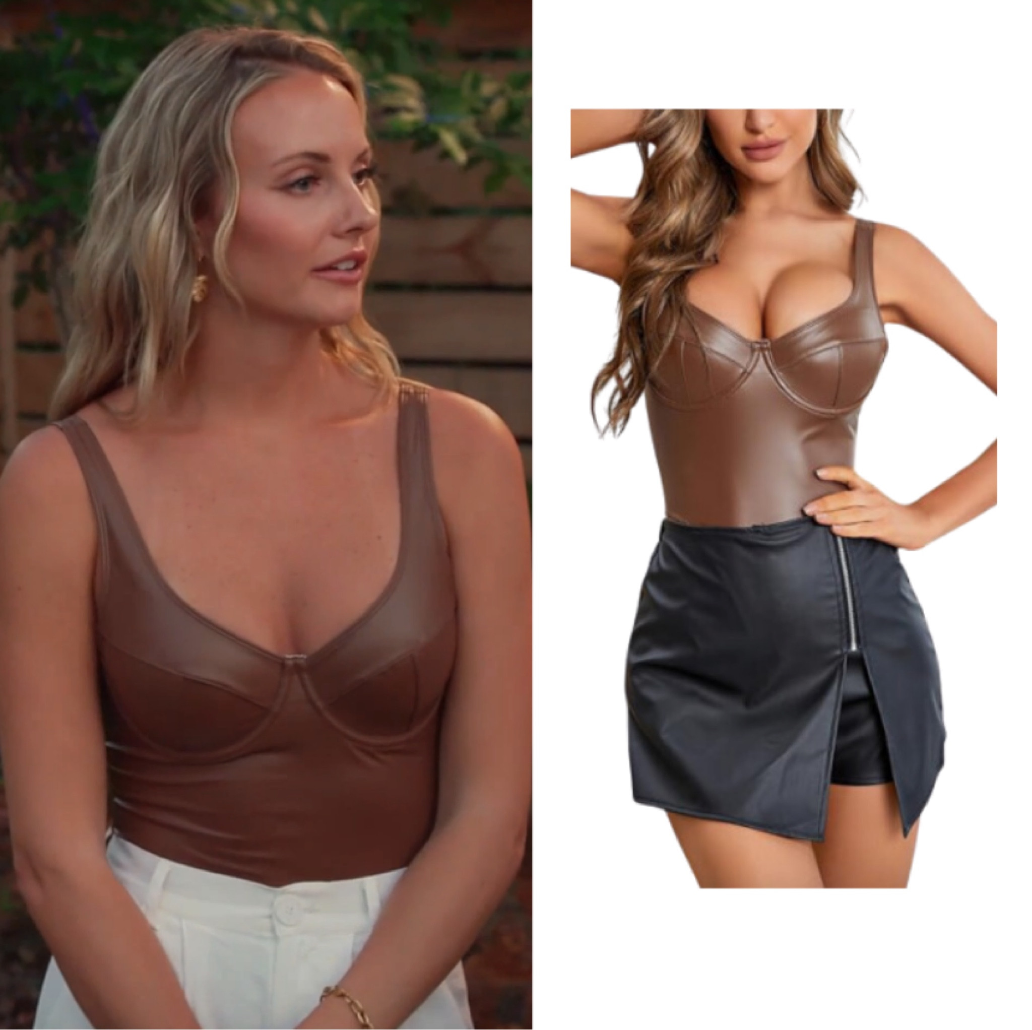 Taylor Ann Green’s Brown Leather Corset Bodysuit 