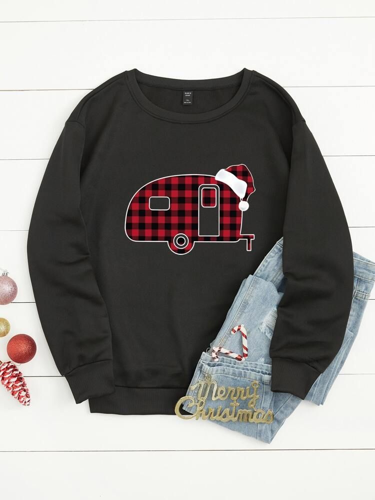 Plus Christmas Gingham & Hat Print Thermal Pullover | SHEIN