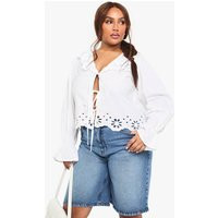 boohoo Women's Plus Broderie Tie Detail Blouse in White | Size: 20 | Denim/Cotton | boohoo (US & Canada)