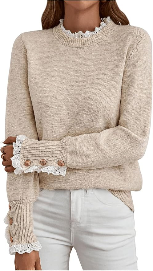 MakeMeChic Women's Fall Sweaters Lace Peplum Mock Neck Cozy Sweater Pullover | Amazon (US)