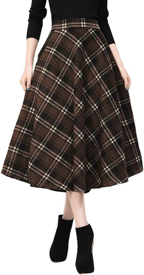 IDEALSANXUN Womens Plaid Wool Skirts Elastic Waist A-Line Pleated Tartan Long Skirts | Amazon (US)