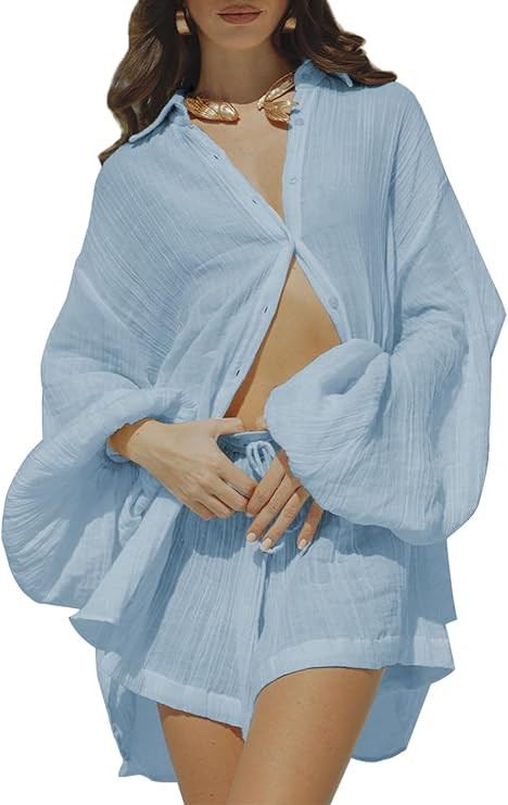 Fixmatti Women 2 Piece Outfits Summer Shorts Sets Lantern Sleeve Button Down Shirt and Shorts Swe... | Amazon (US)