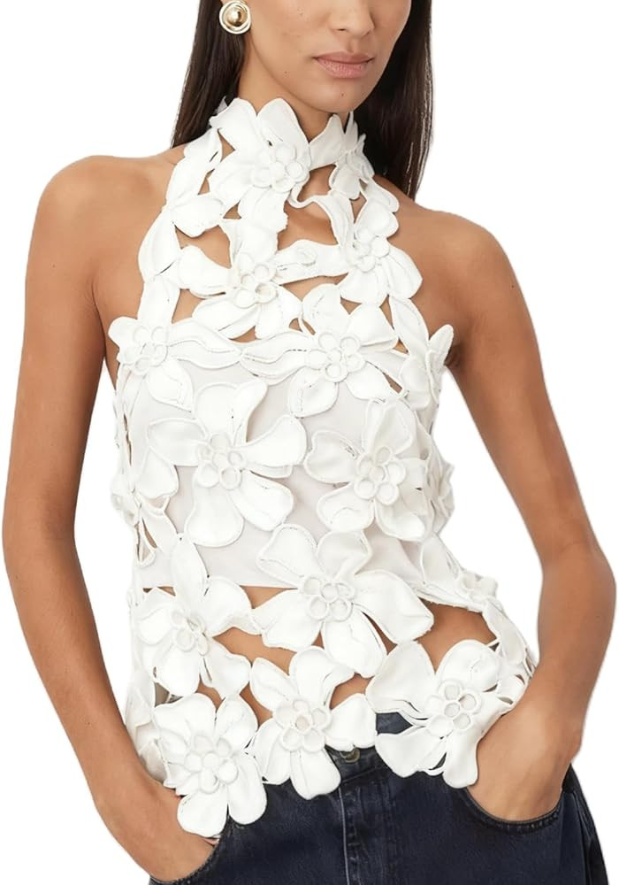 Women Y2k Hollow Out Floral Halter Top 3D Flower Mock Neck Tank Top Summer Sexy Backless Going Ou... | Amazon (US)