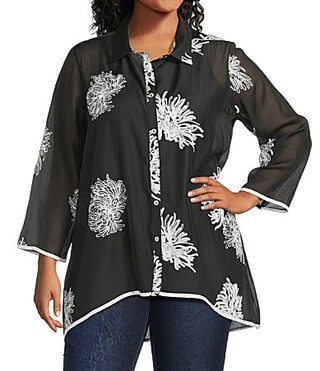 Multiples Plus Size Crinkle Sheer All-Over Embroidery Point Collar 34 Sleeve Button-Front Shirt -  2X | Dillard's