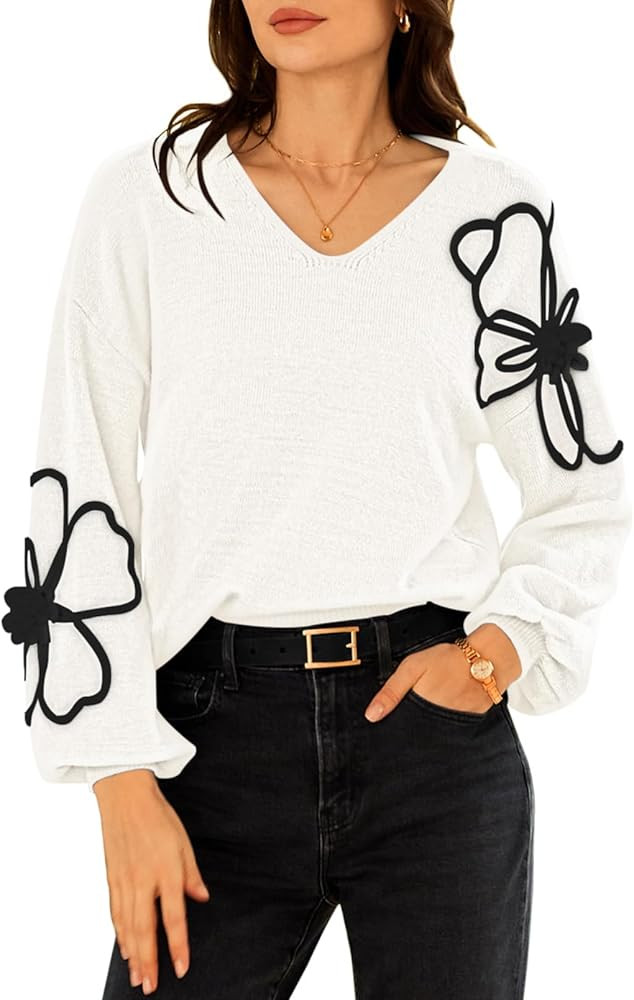 Pink Queen Women's Pullover Sweaters 2024 Knit Floral V Neck Tunic Pullover Long Sleeve Oversized... | Amazon (US)