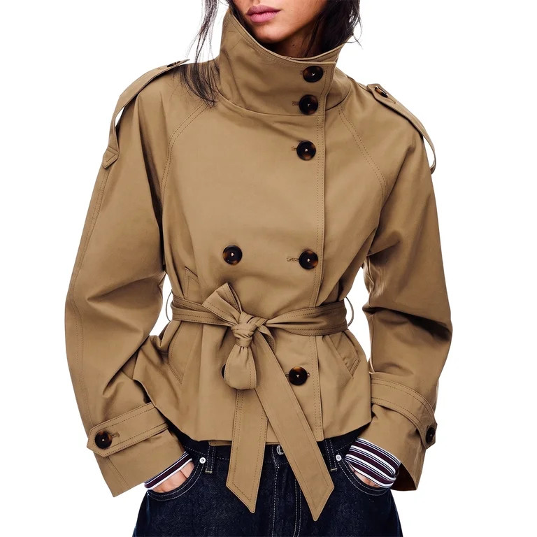 Womens Cropped Trench Coat Double Breasted Fall Belt Short Jacket High Collar Lightweight Outerwe... | Walmart (US)