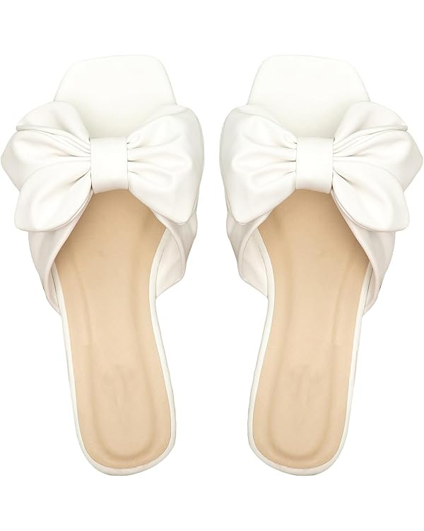 GORGLITTER Women's Bow Flat Sandals Square Open Toe Slip on Slide Sandals | Amazon (US)