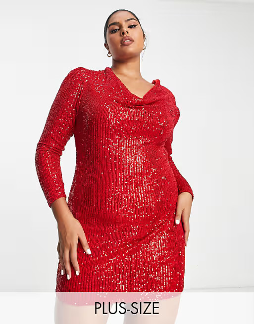 Jaded Rose Plus long sleeve mini dress with cowl neck in red sequin | ASOS (Global)