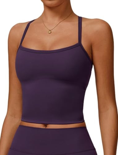 Womens Scoop Neck Longline Sports Bras Fixed Cross Back Women Workout Crop Tank Tops with Built in Bra Active Wear Athletic Work Out Gym Yoga Padded Bra Tank Top Dark Purple M | Amazon (US)
