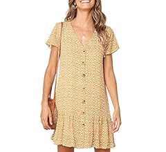 Chuanqi Womens Polka Dot V Neck Button Down Ruffles Casual Loose Swing Short Mini T-Shirt Dress | Amazon (US)