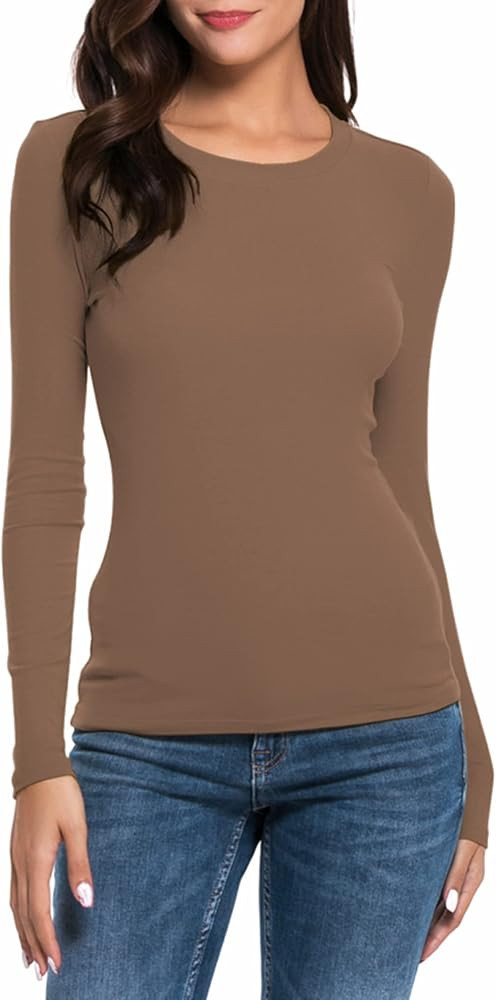 Women Long Sleeve Crew Neck/Scoop V Neck Rayon Slim Fit Stretchy Layer T Shirts Tops | Amazon (US)