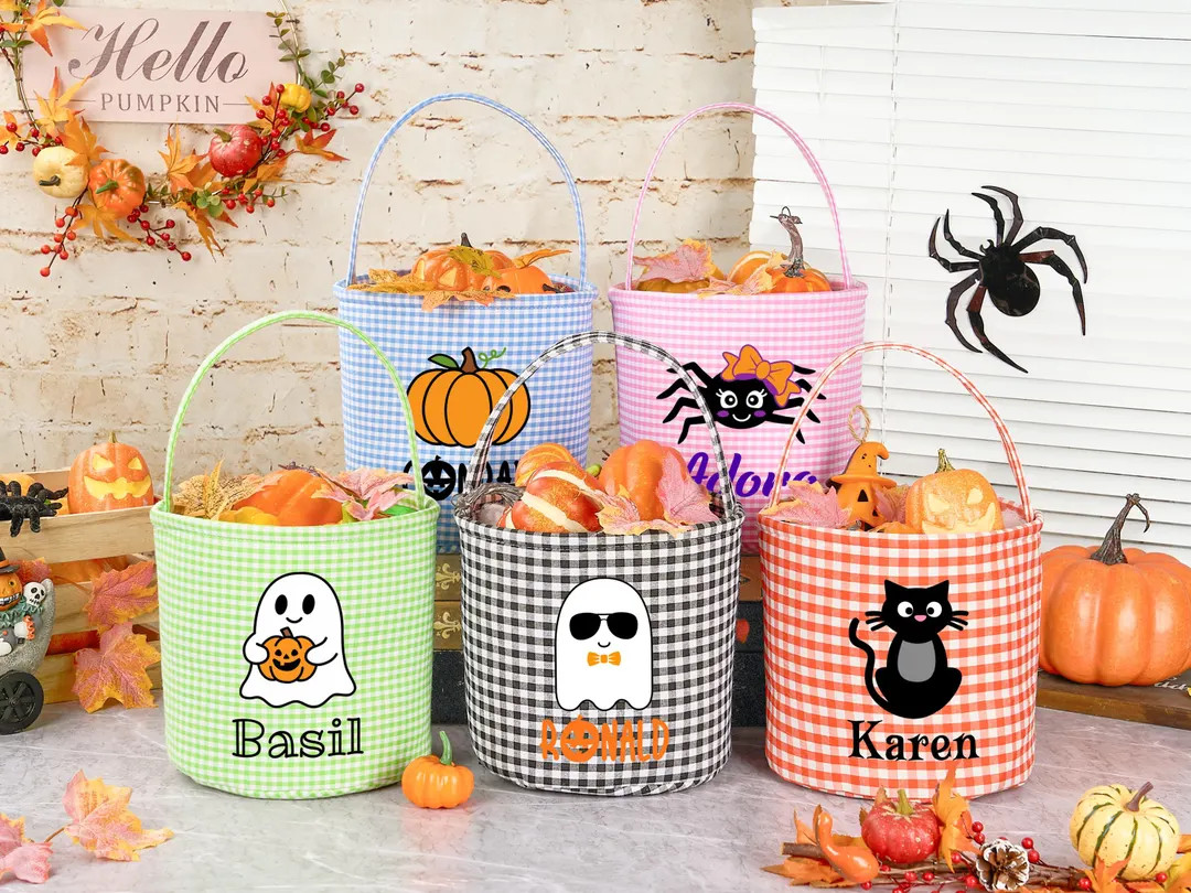 Personalized Halloween Bucket,kids Halloween Bag,trick or Treat Basket,custom Gingham Candy Bag f... | Etsy (US)