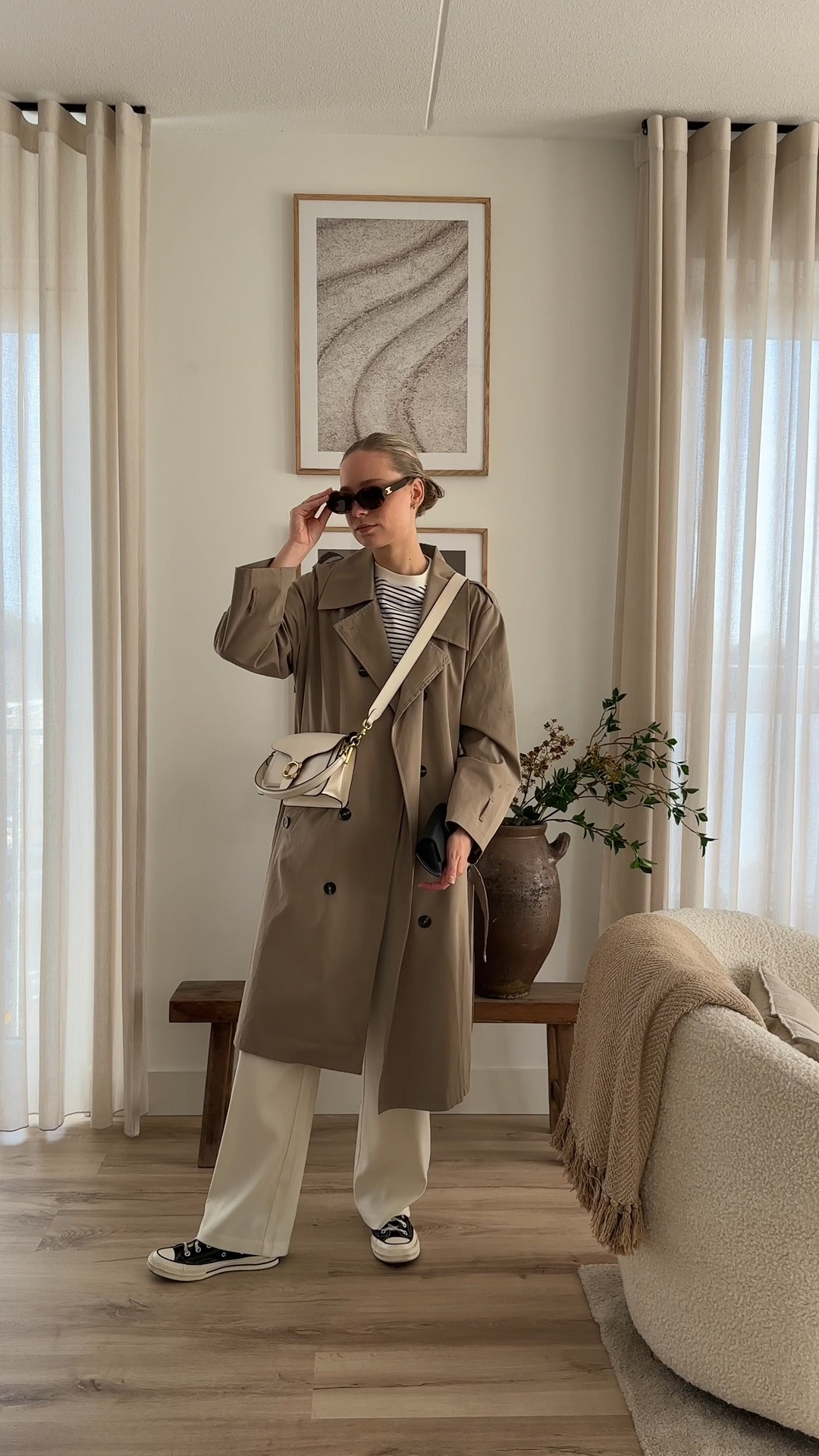 Outfit of the day 🤎 White trousers, striped t-shirt, trench coat, black converse, coach tabby bag and Celine sunglasses 🕶️ 

#LTKworkwear #LTKSeasonal #LTKstyletip
