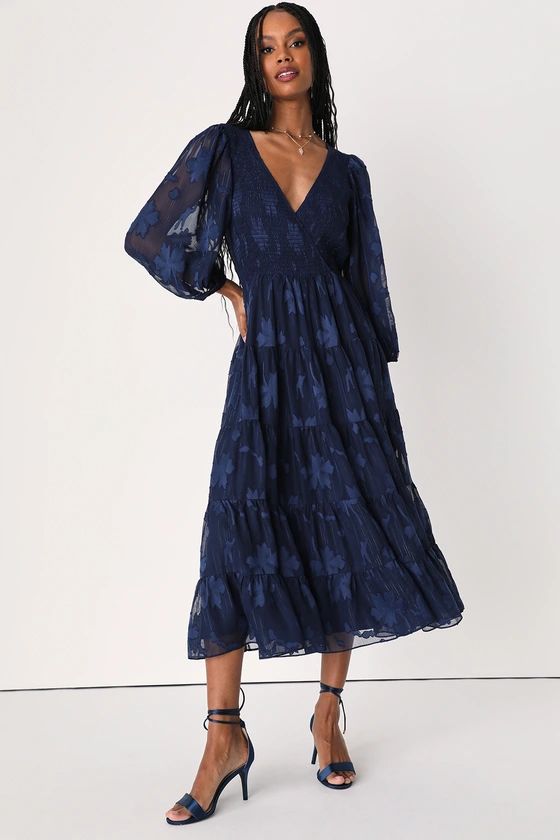 Blissful Darling Navy Blue Burnout Floral Jacquard Midi Dress | Lulus (US)