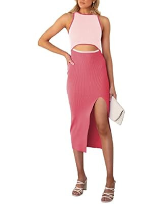 Uusollecy Women Casual Slim Cutout Midi Dress Sleeveless Sexy Side Slit Bodycon Dresses Summer Cr... | Amazon (US)