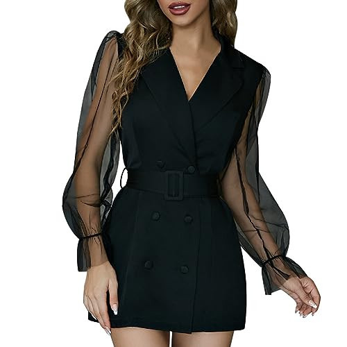 Blazer Dress for Women Elegant Mesh Long Sleeve Double Breasted Belt Blazer Mini Dress Casual Work Office Blazer Jackets Birthday Party Fall Outfit Black M | Amazon (US)