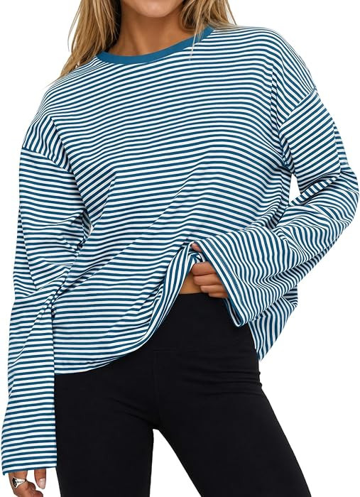 Womens Oversized Striped Long Sleeve Shirts Crew Neck Cotton Tops | Amazon (US)