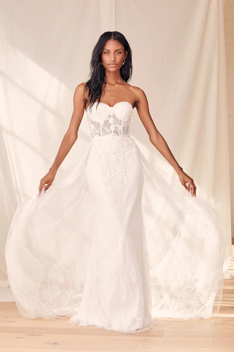 Elegance White Lace Embroidered Rhinestone Strapless Maxi Dress | Lulus (US)