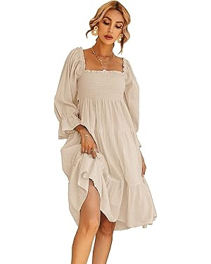 R.Vivimos Women's Summer Cotton Plaid Puff Sleeves Bow Casual Off-Shoulder Boho Midi Dress | Amazon (US)