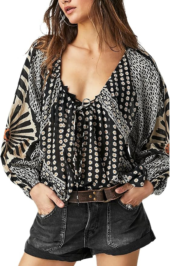 Boho Tie Front Going Out Tops for Women 2024 Floral Print Peplum Babydoll Shirt Bohemian Lantern ... | Amazon (US)