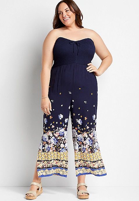 Plus Size Navy Floral Strapless Smocked Jumpsuit | Maurices