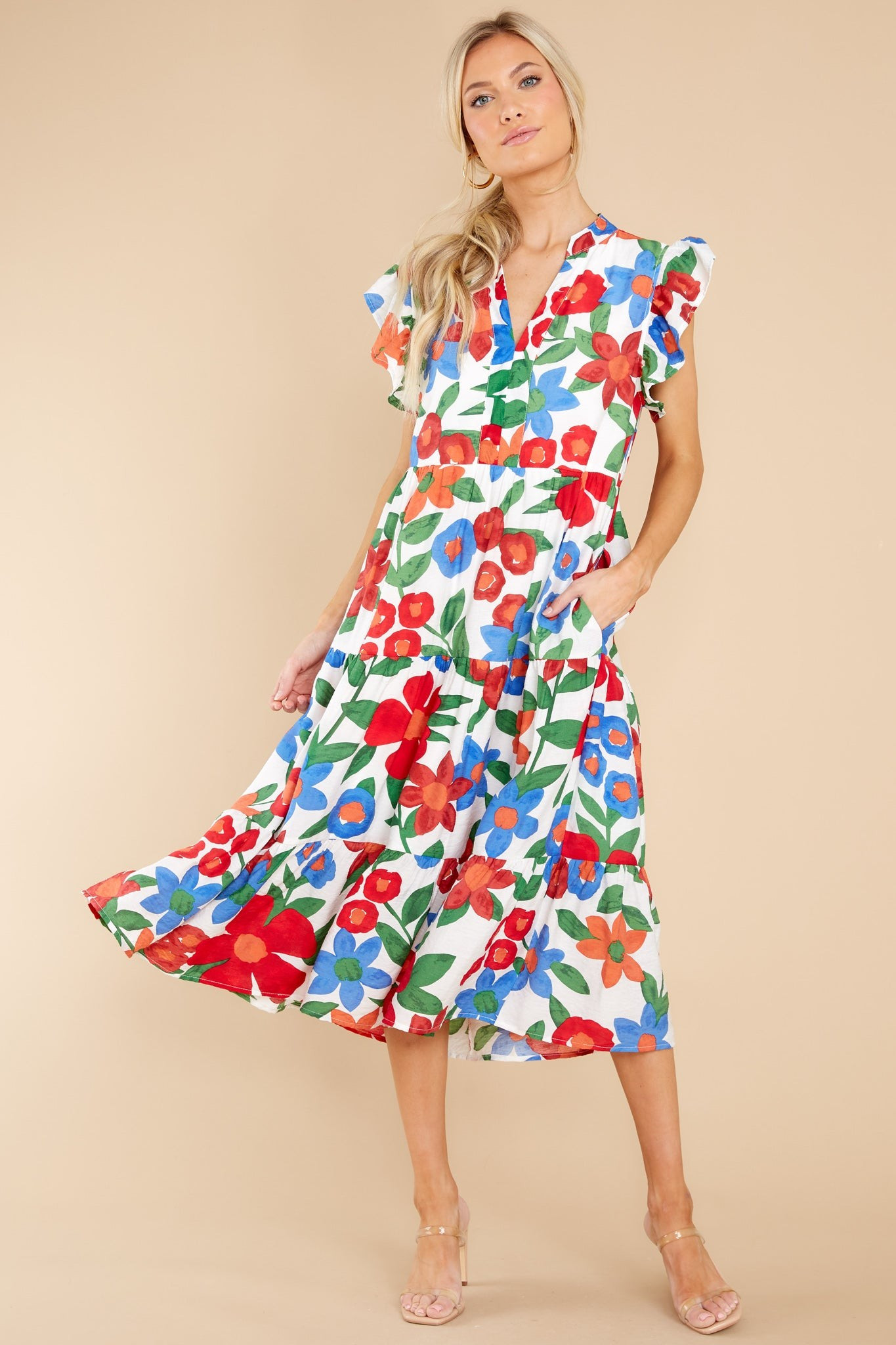 Joyful Celebration White Multi Floral Print Midi Dress | Red Dress 