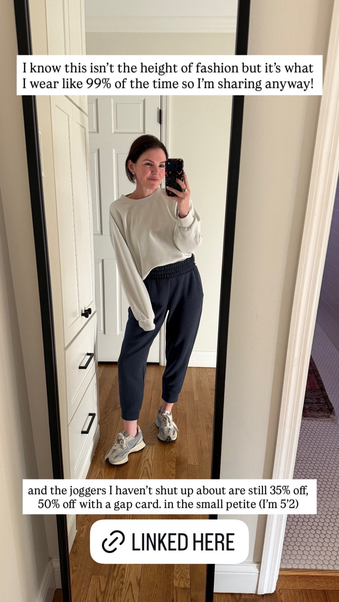 and the joggers I haven’t shut up about are still 35% off, 50% off with a gap card. in the small petite (I’m 5’2)

#LTKdayinmylife #LTKootd #LTKmomlife