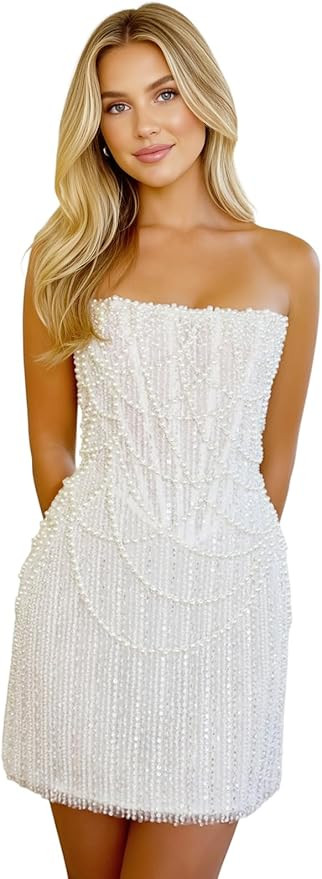 Pearls Beaded Wedding Dresses for Bride Sequins Strapless Bridal Reception Formal Evening Party G... | Amazon (US)