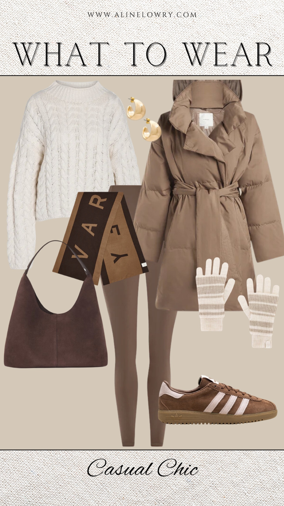 What to wear casual chic winter outfit. Puffer coat, leggings, white sweater, suede bag, brown scarf, adidas sneakers. 

#LTKSeasonal #LTKStyleTip #LTKU