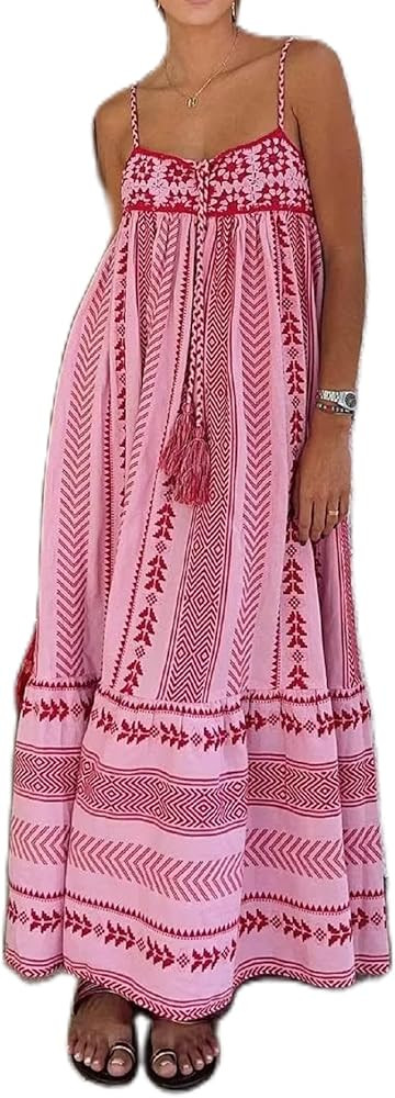 Women Floral Boho Maxi Dress Graphic Spaghetti Strap Long Dress Tiered Flowy Cami Dress Backless ... | Amazon (US)