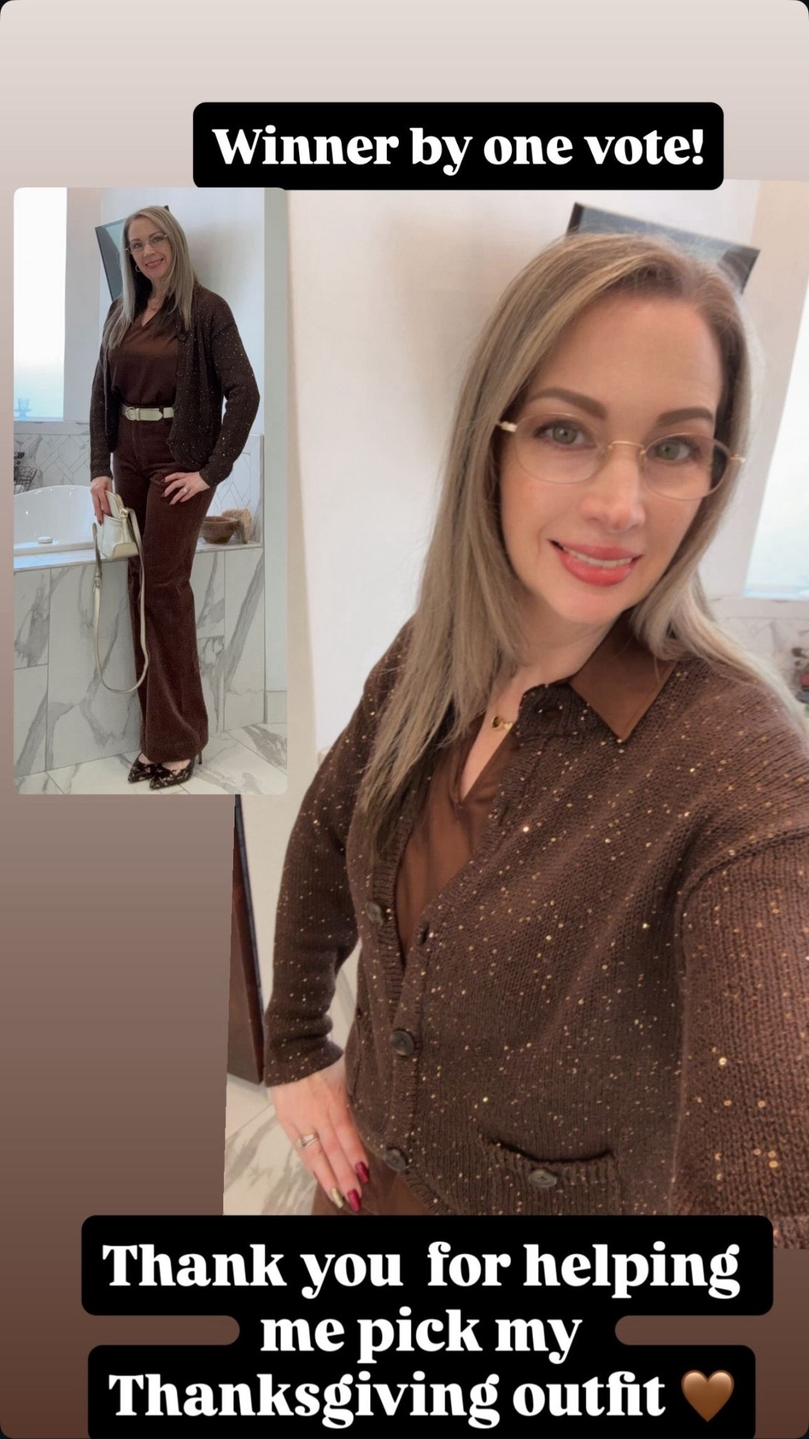 Three outfits were tied on my IG stories but Facebook crowned this today’s winner 🥇 
I love how the textures of the satin shirt, knit cardigan with gold sequins, and corduroy pants harmonize. They are the same shade of brown which creates a cohesive look without being boring. 
There are several special details in this outfit. They compliment one other instead of competing with one another. 
Gold accessories, include a belt and handbag, and a tortoise shell pattern in the necklace and shoes to elevate the look. 
Untuck your blouse, remove your belt, and button the cardigan at the bottom for a more casual look.
#LTKstyletip #holidaylook #thanksgiving

#LTKCyberWeek #LTKGiftGuide #LTKootd