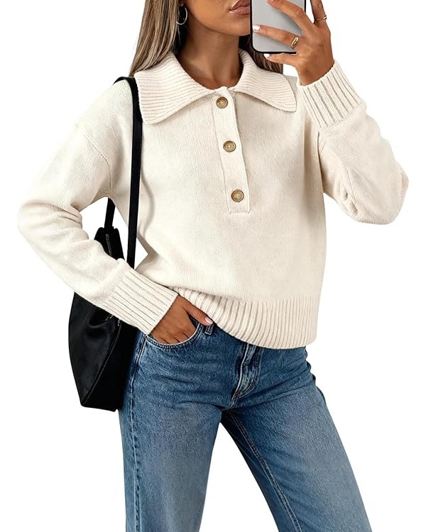 EsheSy Women's Polo Knit Sweater Pullover V Neck Lapel Collar Button Long Sleeve Casual Loose Rib... | Amazon (US)